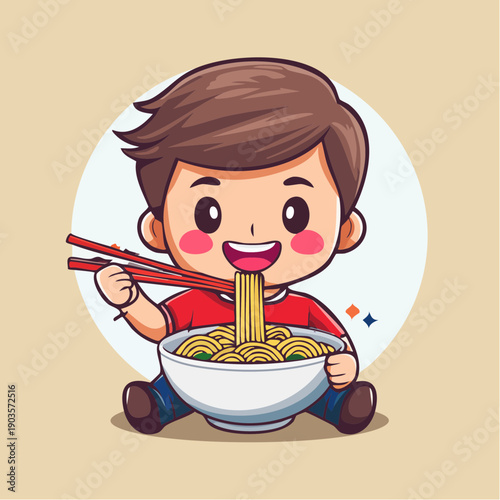 Cheerful cartoon boy character delightedly eating a large bowl of flavorful noodles with chopsticks, a charming illustration capturing the joy of a tasty meal and childhood happiness