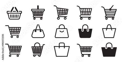 Shopping icons set collection of various baskets carts and bags for retail commerce marketing design