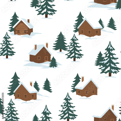 Winter log cabins in snowy forest, idyllic scene. Repeating pattern of cozy winter homes nestled among snowy evergreens. Cartoon style, perfect for holiday décor -