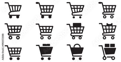 Supermarket trolley icons set various shopping cart styles with different loads and wheel positions