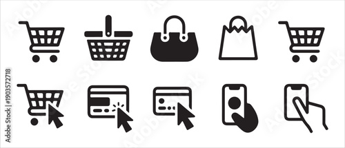 Collection of black vector icons representing online shopping and payment concepts