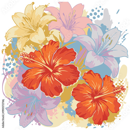Floral bouquet design featuring lilies and hibiscus flowers in various colors with a painterly background. Vibrant colors and detailed design create a tropical aesthetic.