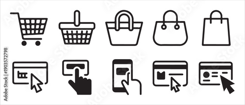 Collection of outline icons for online shopping and payment processes
