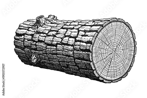 Wood log vector illustration showing bark texture and annual growth rings art
