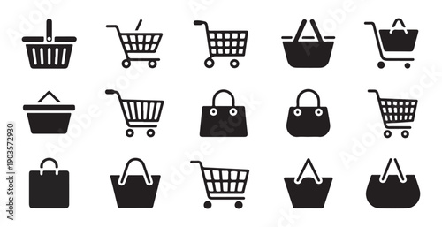 Set of various shopping baskets and bags in solid black design for retail and e-commerce illustration