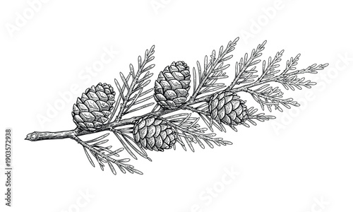 Pine branch vector illustration with cones and needles for botanical decoration
