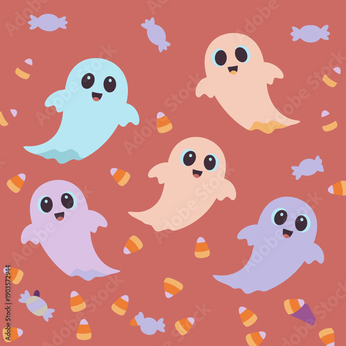 Cute cartoon ghosts in various pastel colors flying amidst candy corn and colorful candies in a Halloween-themed background.