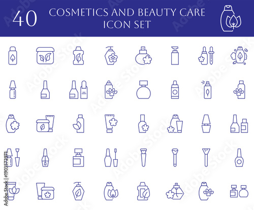Cosmetics and beauty care line icon set. Symbols for skincare bottles, perfume, cream jars, and makeup tools. Linear vector illustration for spa salon, fashion shop, and organic hygiene web. Vector.
