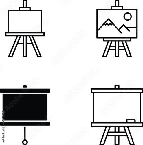 Presentation and projection board icons with easel canvas screen and image display symbols minimal black vector illustration set