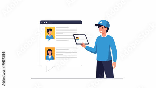 A man holding a tablet with a webpage. Two profile pictures are visible