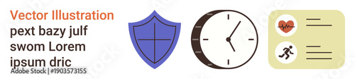 Security, time management, health tracking, organization, medical technology, system reliability. A shield, clock and health records icons are displayed. Security and time management concept
