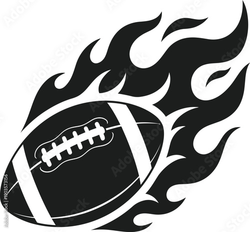 A black american football with flames erupting from the right side.