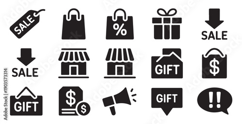 Retail shop and sales promotion icons with discount labels gift boxes and marketing announcement signs