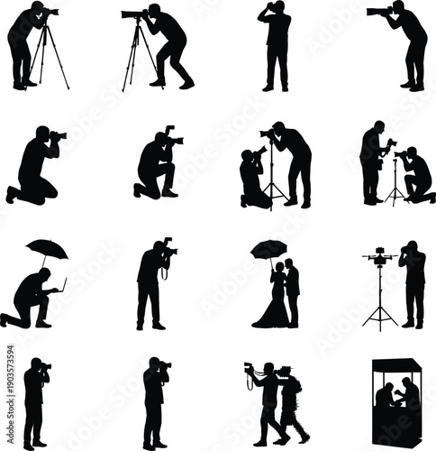 Professional Photographer Silhouette Set with Camera Tripod and Wedding Media Icons