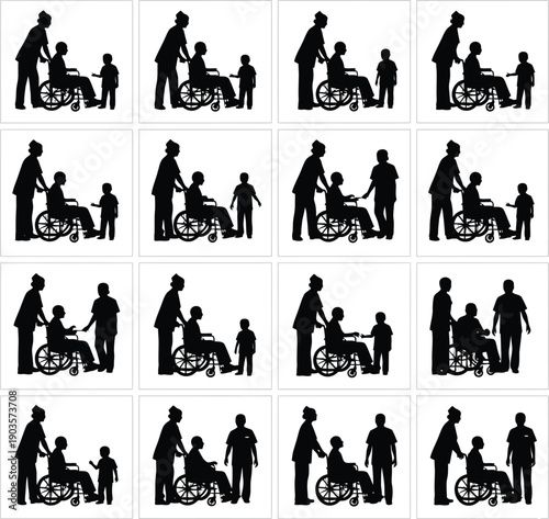 Professional Nurse Caregiver Silhouettes Supporting Senior Patient in Wheelchair