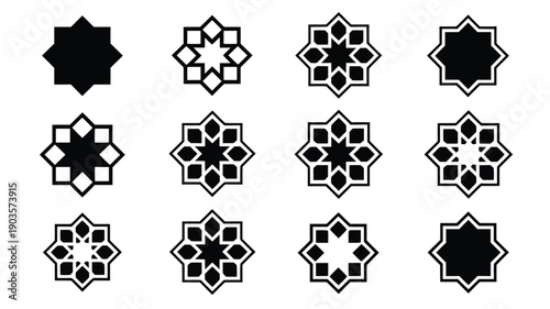 Collection of intricate geometric star shapes and patterns in black and white for graphic design and design elements on isolated background