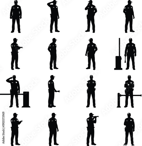 Security Guard and Police Officer Silhouette Set in Professional Poses for Public Safety