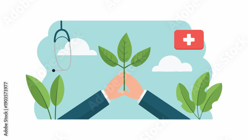 A medical concept with plant, hands, stethoscope, and cross symbol