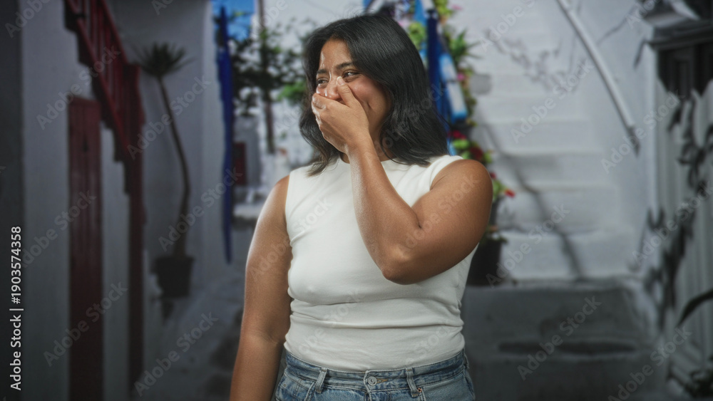Fototapeta premium Young hispanic woman in white sleeveless top and jeans covers mouth with hand while smiling on a narrow street by white steps; surprise delight.