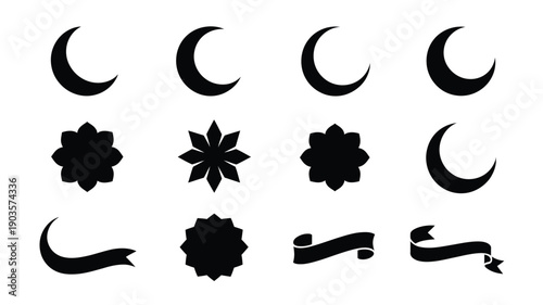 Elegant ramadan decor collection moon flower islamic symbol set black on white background
