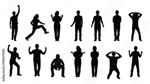 A collection of black silhouettes of people in various dynamic poses and activities Vector