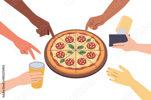 Pizza Sharing Flat Vector Illustration Set Friends, Party, and Social Dining