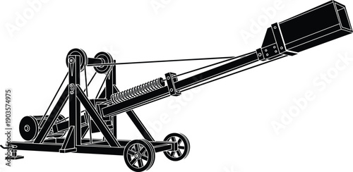 Trebuchet catapult illustration, medieval weapon sketch, mechanical engineering design, projectile motion graphic, historical warfare icon, black and white artwork