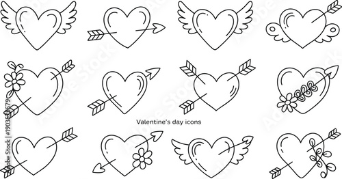 Valentine’s Day heart icon set, romantic symbol illustration pack, love graphic artwork, Cupid themed design, black and white vector collection