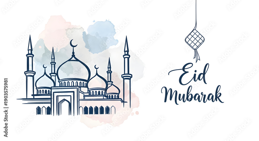 Fototapeta premium Eid Mubarak mosque illustration with lantern and watercolor background.