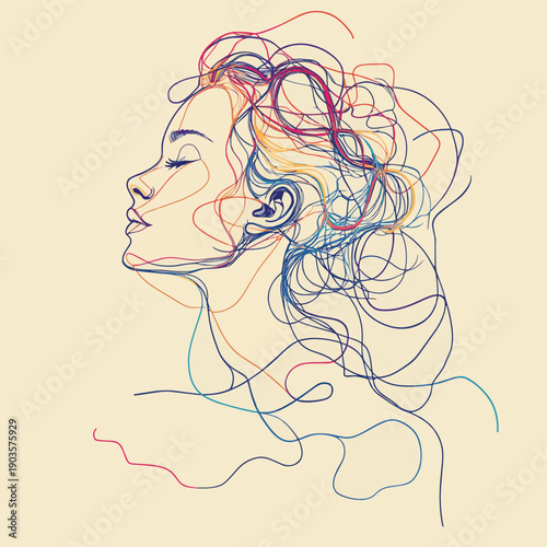 Tangle and unraveling thread of thoughts drawn in one continuous line colored