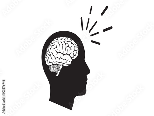 A silhouette of a human head with a visible brain and rays emanating from it