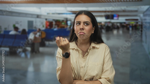 Fotografija Woman touching ear with finger and arms crossed at airport terminal, waiting by seats; frustration waiting delay