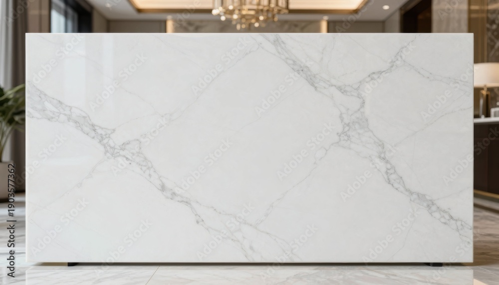 Fototapeta premium Sleek marble reception desk modern office interior design elegant environment wide angle contemporary aesthetic