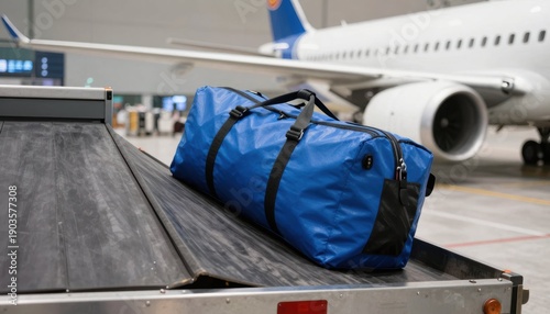 Wallpaper Mural Baggage handling process at airport blue duffel bag transportation environment air travel perspective Torontodigital.ca