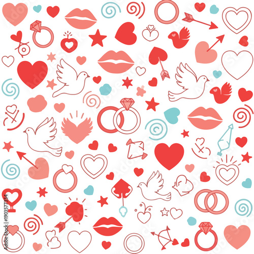 A pattern of hearts, doves, rings, lips, and arrows in red, pink, and teal