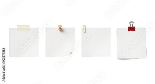 Schilderij op canvas Blank sticky notes with clips and pins on white background
