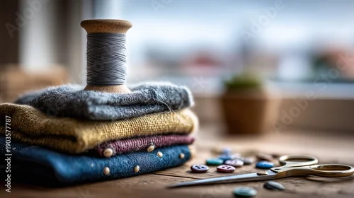 Fototapeta Matériel de couture avec bobine de fil et tissus colorés empilés