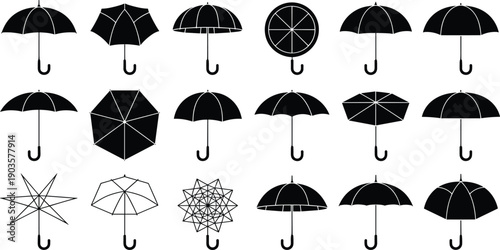 Umbrella silhouette icon set, rain protection illustration, geometric canopy artwork, weather design graphic, lifestyle accessory vector, black and white collection