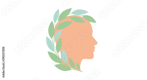 Flat Illustration Head Profile with Laurel Branch in Trendy Pastel Color