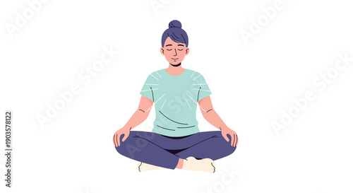 Modern Flat Style Illustration of a Peaceful Young Adult Woman Meditating in Lotus Pose Wellness Concept