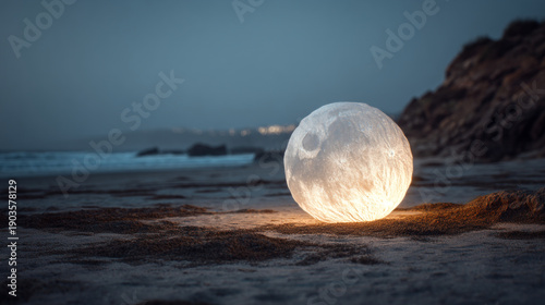 A glowing moon-like lamp sits on a sandy beach at dusk