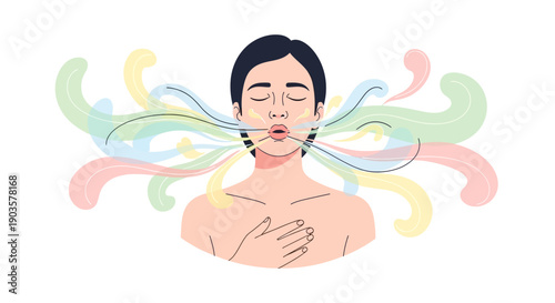 Flat Illustration Peaceful Woman Meditating and Breathing Deeply for Wellness