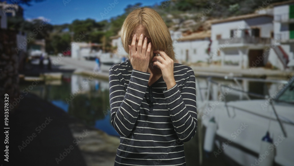 Fototapeta premium Blonde woman in striped top holding smartphone to ear while covering her face with one hand on street by marina; anxiety.