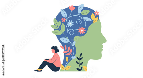 Flat Illustration of Woman Sitting Beside Green Silhouette Face with Flowers