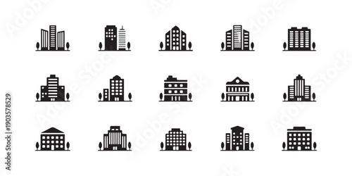 Corporate office building silhouette icon set for commercial real estate business centers and cityscapes
