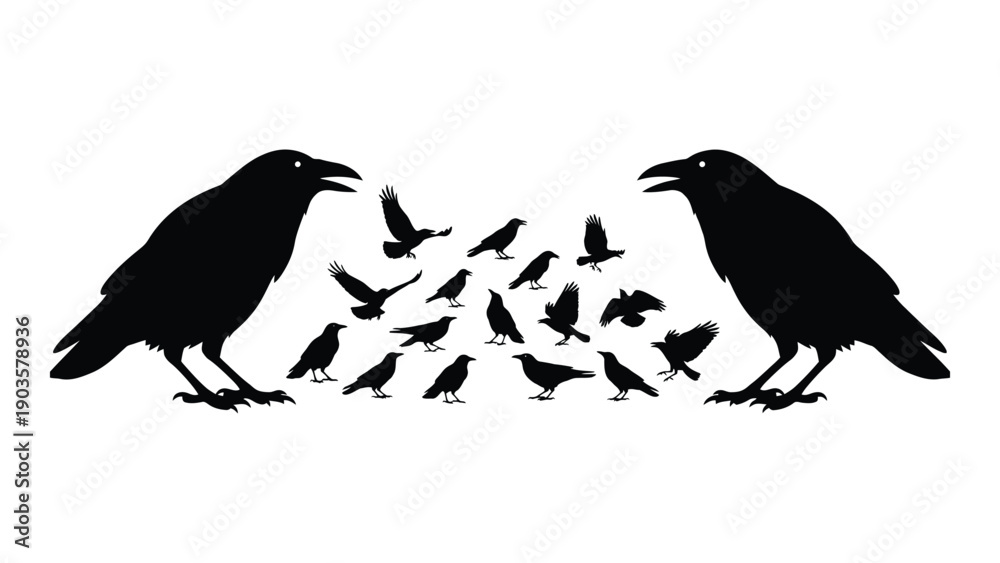 Fototapeta premium Two large black birds facing each other with a flock of smaller birds between them Vector