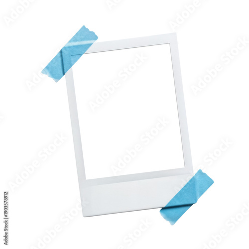 Blank Polaroid photo frame with blue tape