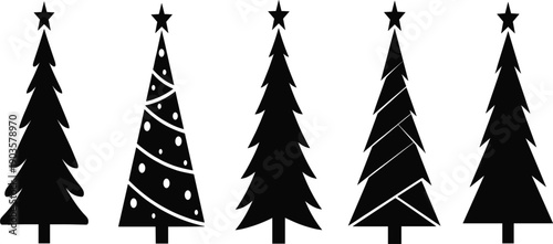 Minimal Christmas Tree Icon Set in Black Silhouette Style with Star Decorations for Holiday Design, Winter Graphics, and Festive Branding