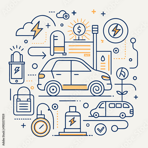 Electric vehicle charging infrastructure and sustainable energy concepts illustrated