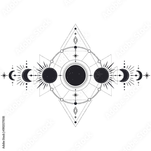 Geometric design featuring celestial phases sun moon and diamond shapes